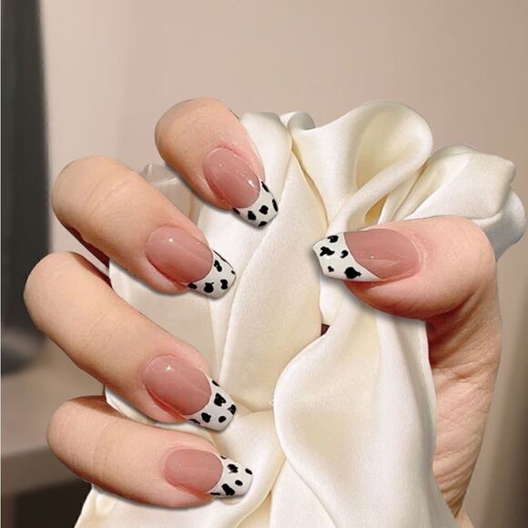 24 pcs Coffin Dalmatian French Acrylic Press On Nail Set Reusable - Picture 7 of 8